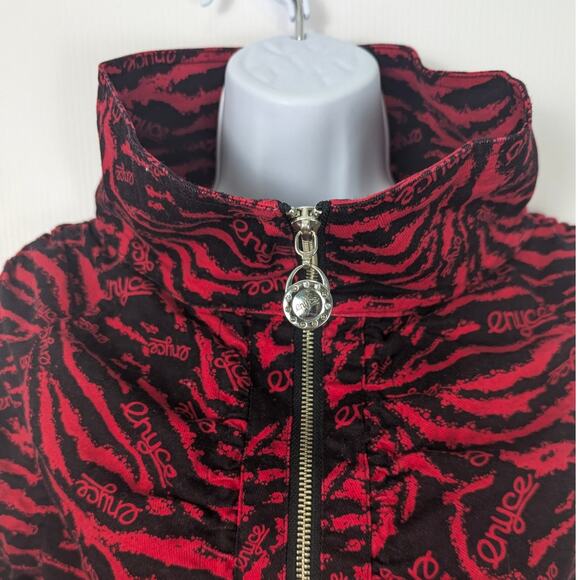 Vintage Y2K Enyce Cropped Jacket Red Black Animal Print Logo Ruched Size M - Picture 3 of 9